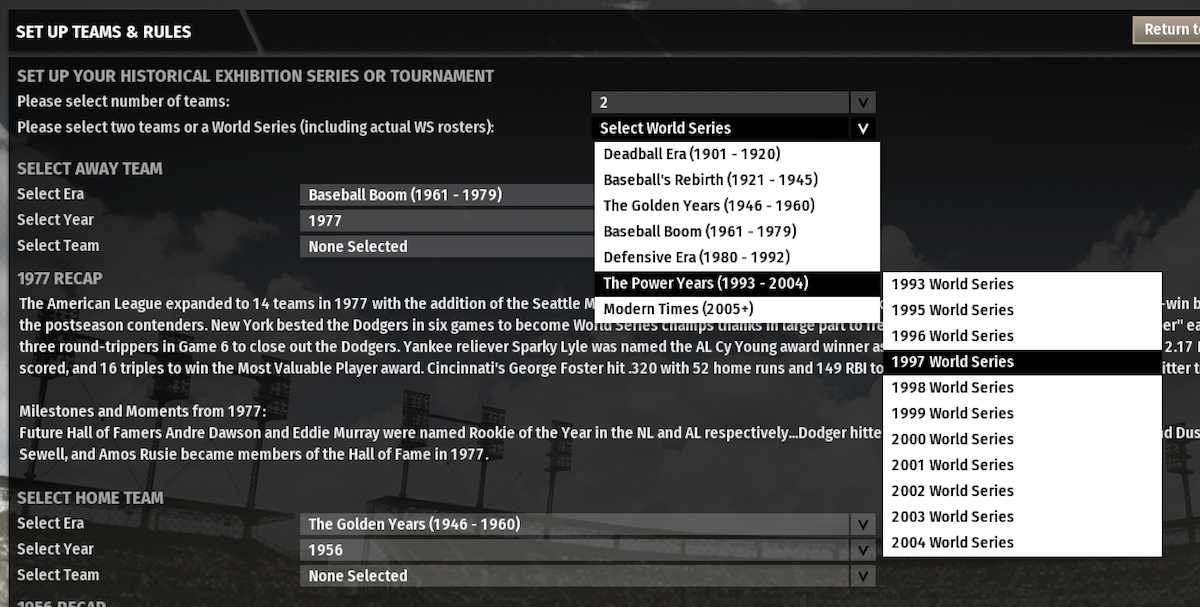 Screenshot of OOTP setup for exhibition match between 1997 World Series teams.