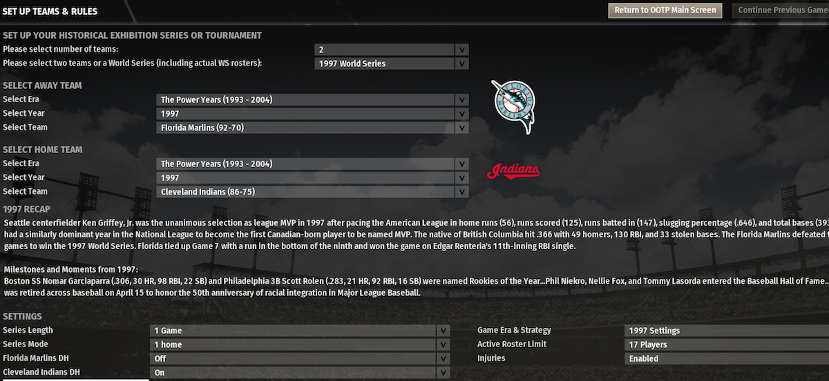 Screenshot of OOTP setup for Infinite Cleveland exhibition matches.