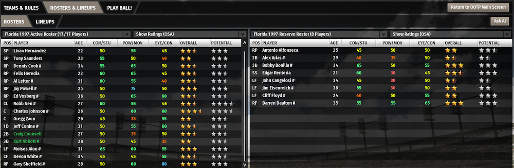 Screenshot of OOTP roster for 1997 Florida Marlins in World Series Game 3.