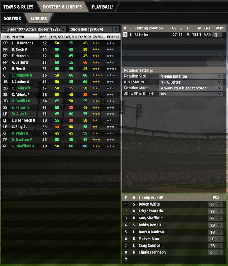 Screenshot of OOTP lineup for 1997 Florida Marlins in World Series Game 3.